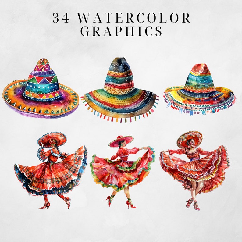 May include: 34 Watercolor Graphics featuring three colorful sombreros and three women in red dresses with colorful skirts, all dancing. The women are wearing red, white, and black clothing. The sombreros are decorated with colorful stripes and tassels.