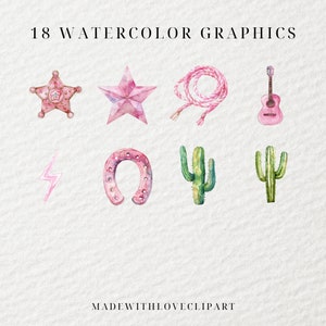 May include: 18 Watercolor Graphics featuring a pink sheriff's star, a pink star, a pink lasso, a pink guitar, a pink lightning bolt, a pink horseshoe, a green cactus, and another green cactus.
