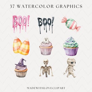 May include: Watercolor graphics featuring Halloween-themed illustrations. Includes the word "BOO!" in pink and black, candy corn, cupcakes with witch hats and ghosts, a skeleton, a mummy, and wrapped candy. The text "37 WATERCOLOR GRAPHICS" is at the top.