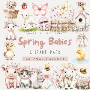 Aquarell Frühling Bunnies Clipart, Frühling Clipart, Frühling Blumen Clipart, Frühling Tiere Clipart, Wildblumen, Frühling Babys, Baby Tiere
