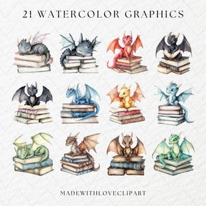 Puede incluir: 21 gr&aacute;ficos de acuarela de dragones lindos leyendo libros. Cada drag&oacute;n es de un color diferente y tiene una personalidad &uacute;nica. Los dragones est&aacute;n sentados en pilas de libros, y algunos sostienen libros en sus patas. Los gr&aacute;ficos son perfectos para agregar un toque de fantas&iacute;a a cualquier proyecto.