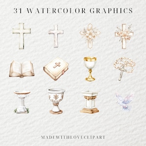 May include: Watercolor graphics featuring religious symbols, including crosses, a bible, chalices, and a rosary. The image includes the text "31 WATERCOLOR GRAPHICS" and "MADEWITHLOVECLIPART". The illustrations are in soft, neutral tones.