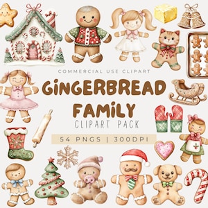 Op de afbeelding: Watercolor clipart set met een peperkoekfamilie, inclusief peperkoekenmannetjes, een huis, een boom en andere elementen met een vakantiethema. De tekst "Gingerbread Family Clipart Pack" wordt weergegeven. De afbeeldingen zijn in verschillende kleuren.