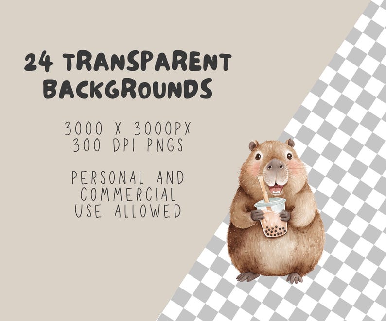Op de afbeelding: Waterverfillustratie van een bruine capibara met een bubble tea. De afbeelding bevat tekst die luidt "24 Transparent Backgrounds" en "Personal and Commercial Use Allowed."