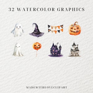 May include: A set of 32 watercolor Halloween graphics, including ghosts, witches' hats, pumpkins, and haunted houses. The graphics are perfect for adding a spooky touch to your Halloween projects.