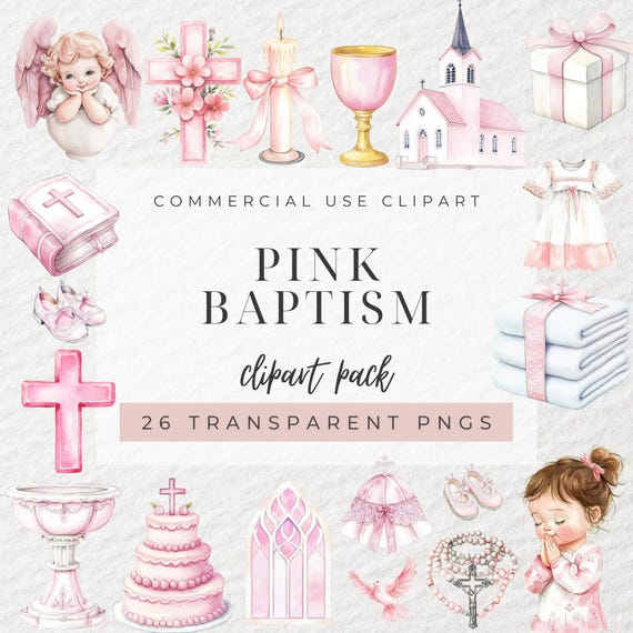 Watercolor Pink Baby Baptism Clipart, Religious Clipart, Christian Clipart, Christening Clipart, Catholic Clipart, Praying Clipart, Bible