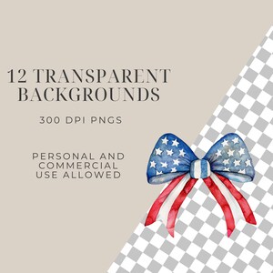 May include: A watercolor illustration of a red, white, and blue bow with stars. The bow is in the shape of a ribbon with the American flag pattern. The background is a checkered pattern.