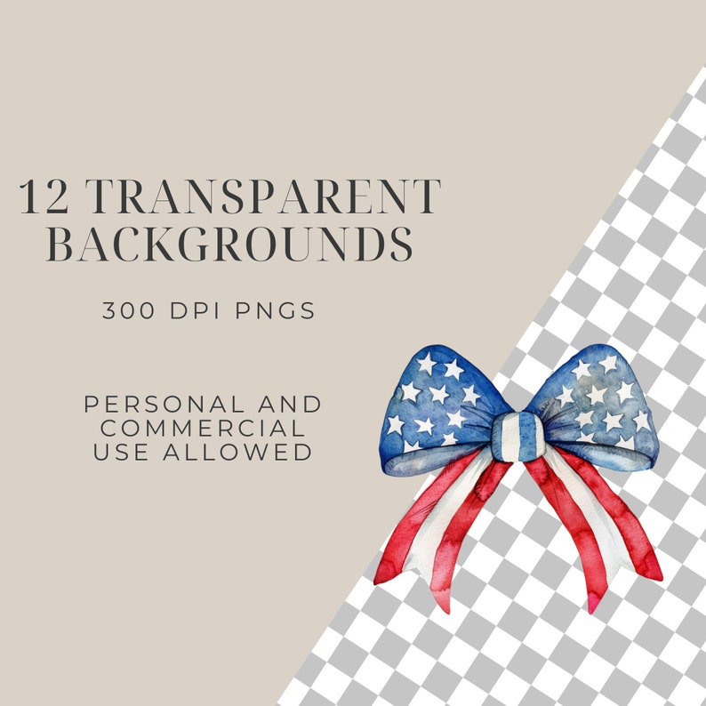 May include: A watercolor illustration of a red, white, and blue bow with stars. The bow is in the shape of a ribbon with the American flag pattern. The background is a checkered pattern.