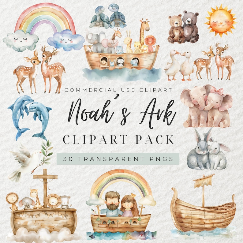May include: A set of 30 watercolor clipart images featuring Noah's Ark, animals, and a rainbow. The clipart is perfect for creating invitations, cards, and other crafts.