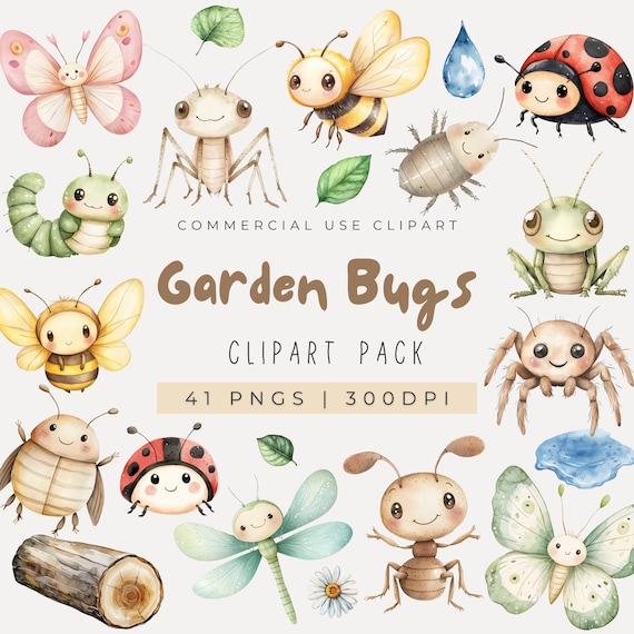 Watercolor Cute Garden Bugs Clipart, Insect Clipart, Spring Clipart, Garden Creatures, Creepy Crawlies, Bee Clipart, Bug Birthday Clipart