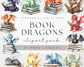 Watercolor Book Dragon Clipart, Romantasy, Dragon Rider Clipart, Fantasy Clipart, Bookish, Dragons, Magical Fairytale, Book Lover Clipart