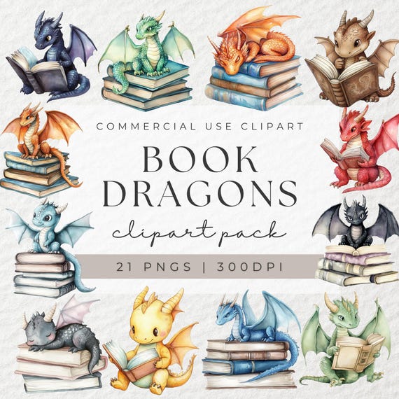 Watercolor Book Dragon Clipart, Romantasy, Dragon Rider Clipart, Fantasy Clipart, Bookish, Dragons, Magical Fairytale, Book Lover Clipart