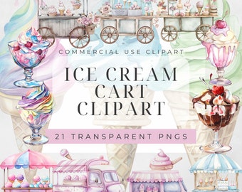 Watercolor Ice Cream Cart Clipart Bundle, Desserts Clipart, Ice Cream Clipart, Sweets Clipart, Ice Cream Truck, Summer Treats, Ice Cream Van