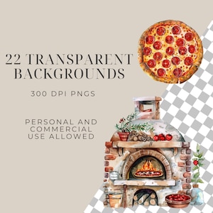 May include: A watercolor illustration of a brick oven with a pizza inside. The oven is surrounded by wood, a potted plant, and a bowl of red cherries. The text "22 TRANSPARENT BACKGROUNDS 300 DPI PNGS PERSONAL AND COMMERCIAL USE ALLOWED" is visible in the image.