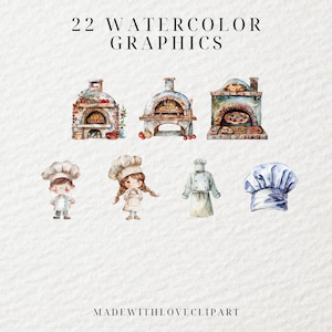 May include: Watercolor illustrations of a pizza oven, a chef, and a chef's hat. The pizza oven is made of brick and has a fire inside. The chef is wearing a white chef's hat and a white apron. The chef's hat is blue and white.