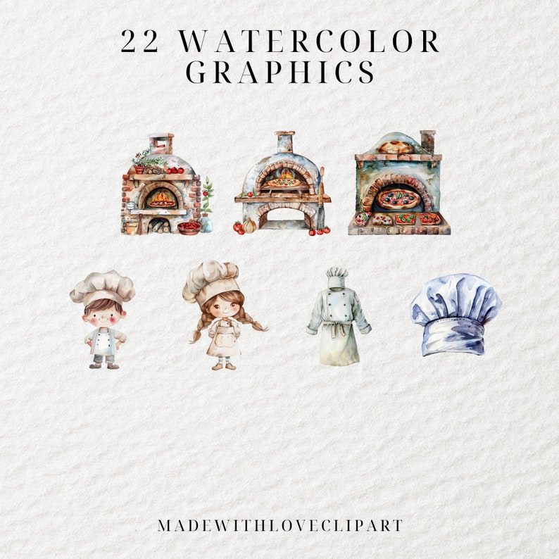 May include: Watercolor illustrations of a pizza oven, a chef, and a chef's hat. The pizza oven is made of brick and has a fire inside. The chef is wearing a white chef's hat and a white apron. The chef's hat is blue and white.