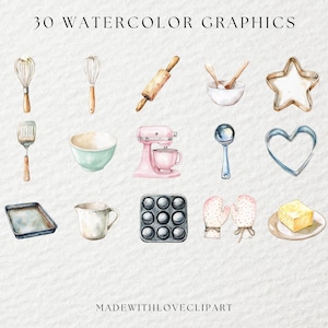 May include: A set of 30 watercolour illustrations of baking tools and ingredients. The illustrations include a rolling pin, whisk, mixing bowls, measuring spoons, cookie cutters, a stand mixer, a baking sheet, a muffin tin, oven mitts, and a stick of butter.