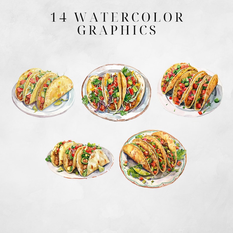 May include: Watercolor illustrations of five different tacos on white plates. Each taco is filled with meat, lettuce, tomato, and cheese. The tacos are arranged in a row, with the first taco on the left and the last taco on the right.