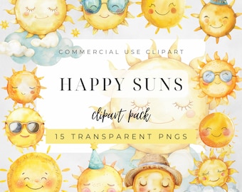 Puede incluir: Un conjunto de 15 ilustraciones de acuarela de soles felices con diferentes expresiones y accesorios. Los soles son amarillos con caras sonrientes, gafas de sol, sombreros y sombreros de fiesta. El texto "HAPPY SUNS clipart pack 15 TRANSPARENT PNGS" se muestra sobre un fondo blanco.