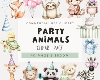 Watercolor Party Animals Clipart, Cute Birthday Party Clipart, Safari Animals, Wild Animals, Cute Jungle Clipart, Zoo, Baby Shower, PNG