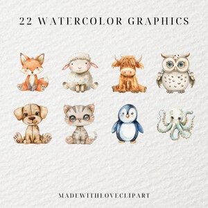 May include: A set of 22 watercolor graphics featuring cute animal illustrations. The animals include a fox, sheep, cow, owl, dog, cat, penguin, and octopus. The illustrations are in a cartoon style and are perfect for use in digital or printed projects.