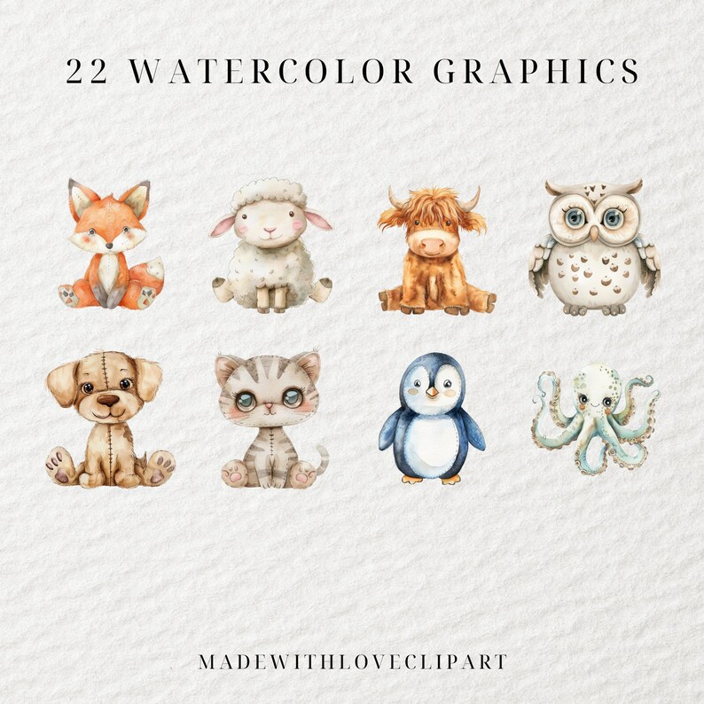 May include: A set of 22 watercolor graphics featuring cute animal illustrations. The animals include a fox, sheep, cow, owl, dog, cat, penguin, and octopus. The illustrations are in a cartoon style and are perfect for use in digital or printed projects.