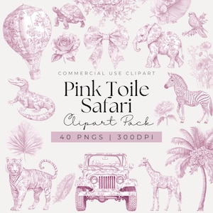 Aquarell Rosa Toile de Jouy Safari Clipart, Babyparty Chinoiserie Clipart, Dschungeltiere, Toile Florals, Vintage Safari Tiere, PNG