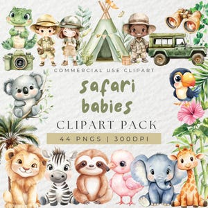 Aquarel safari baby's clipart, safari clipart, safari baby dieren clipart, jungle clipart, wilde, decor safari kinderkamer, schattige dieren