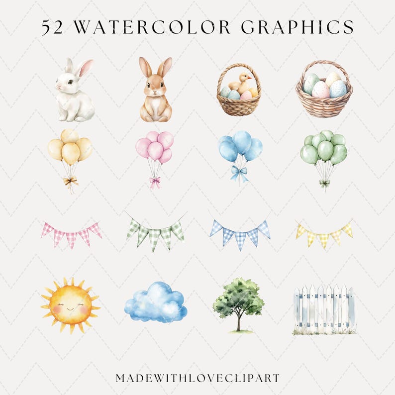 Puede incluir: Un conjunto de 52 gr&aacute;ficos de acuarela con ilustraciones de tem&aacute;tica de Pascua. Los gr&aacute;ficos incluyen conejos, cestas de huevos, globos, banderas, un sol, una nube, un &aacute;rbol y una valla. Los gr&aacute;ficos son perfectos para agregar un toque de primavera a tus proyectos.