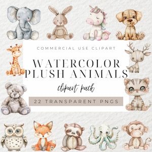 以下が含まれることがあります： キリン、ゾウ、ウサギ、ユニコーン、犬、鹿、猫、クマ、フクロウ、キツネ、ナマケモノ、タコ、サルなど、ぬいぐるみ動物のウォーターカラーイラスト22点セット。イラストはカートゥーンスタイルで、デジタルまたは印刷プロジェクトでの使用に最適です。