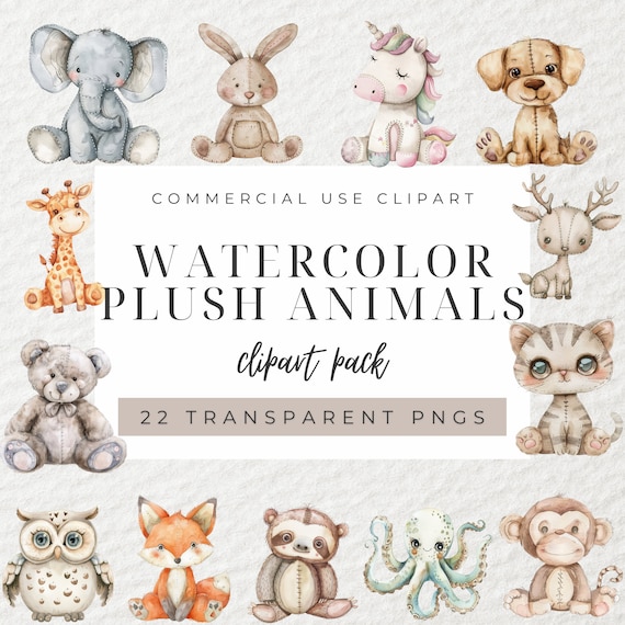 Watercolor Plush Animals Clipart, Cute Plushie Animals Clipart, Stitched Animals Clipart, Vintage Stuffed Animals, Nursery Decor Animals
