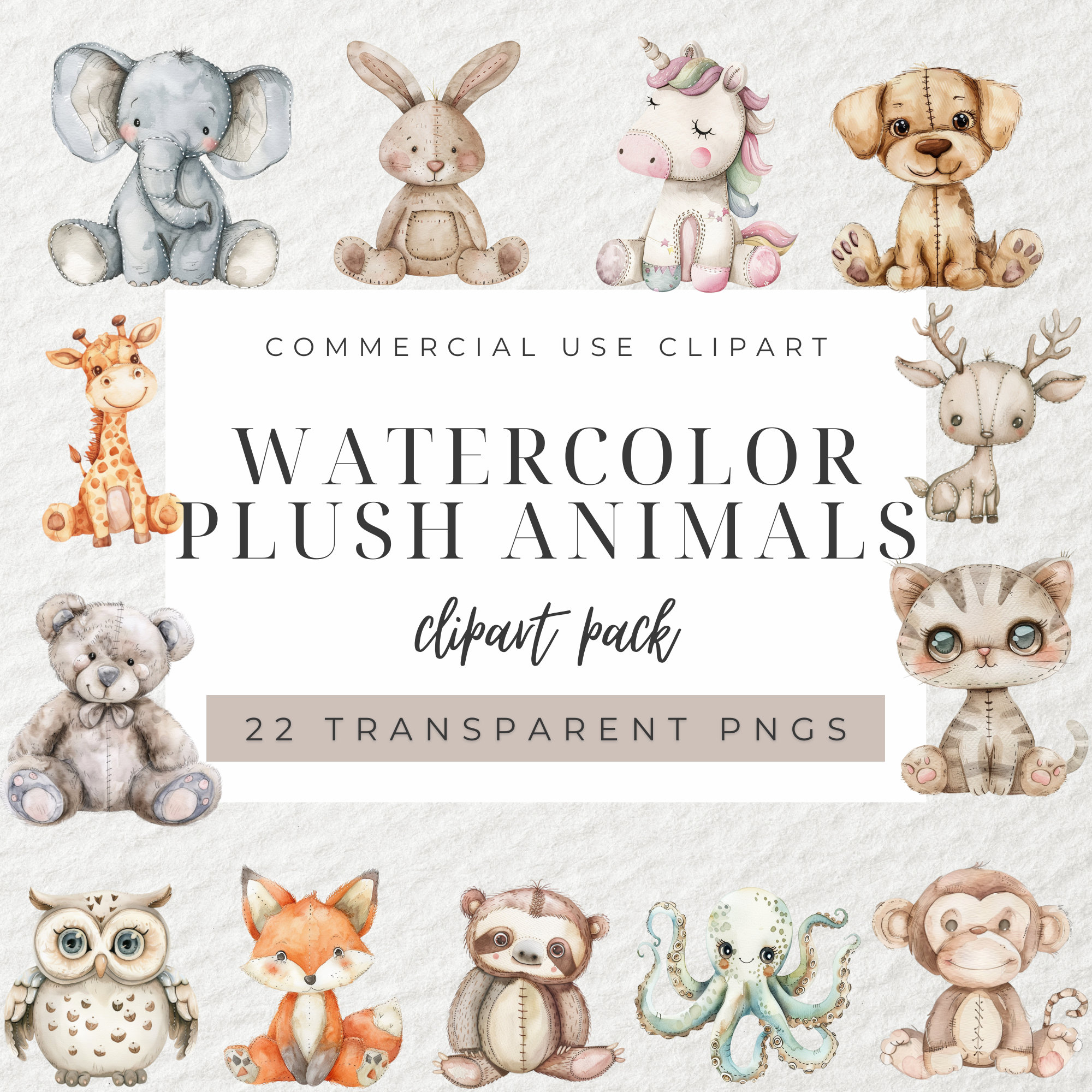 Watercolor Plush Animals Clipart, Cute Plushie Animals Clipart ...