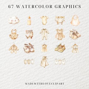 Op de afbeelding: 67 aquarelgrafiek voor een babyshower of kinderkamerdecoratie.  Bevat afbeeldingen van babykleding, schoenen, flessen, slabben en een wolk.