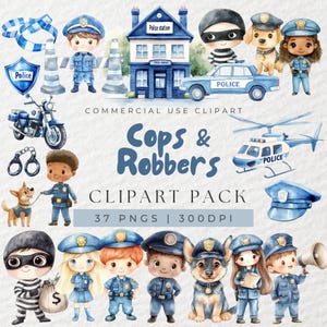 Puede incluir: Un paquete de clipart digital de 37 ilustraciones de acuarela con policías y ladrones. Las ilustraciones incluyen policías, coches de policía, esposas, una comisaría de policía, un helicóptero y ladrones. Las ilustraciones son de estilo de dibujos animados y son perfectas para crear proyectos divertidos y atractivos.