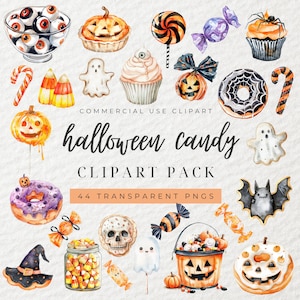 Watercolor Halloween Candy Clipart, Halloween Sweets Clipart, Halloween Desserts, Trick or Treat, Halloween Cookies, Halloween Party, Spooky
