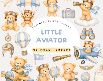 Imágenes prediseñadas de osito de peluche aviador en acuarela, piloto, oso volando, globo aerostático, decoración infantil PNG