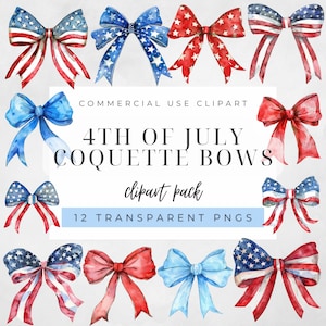 Aquarell 4. Juli Kokette Schleifen Clipart, Patriotische Bänder Clipart, Patriotische Clipart, Vierter Juli Clipart, Amerikanische Schleifen