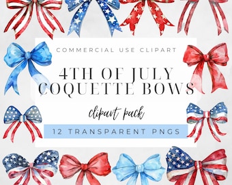 Watercolor 4th of July Coquette Bows Clipart, Patriotic Ribbons Clipart, Patriotic Clipart, Fourth of July Clipart, American Bows