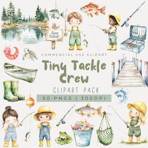 Aquarelle pêche Clipart, clipart petit pêcheur, matériel de pêche, parti à la pêche, clipart poisson, garçon de pêche, fille de pêche, O-Fish-Ally PNG