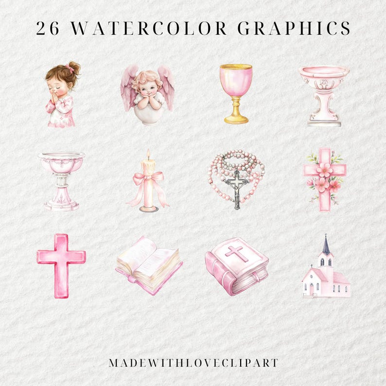 May include: A set of 26 watercolor graphics featuring religious imagery, including a cross, a chalice, a candle, a rosary, a church, and an angel. The graphics are in shades of pink and white.
