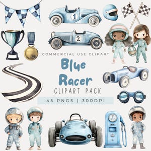 May include: A watercolour clipart pack labelled "Blue Racer" with illustrations of vintage race cars, racing flags, a trophy, and race car drivers. The colour scheme includes blues, black, white, and gold. The image text reads "Commercial Use Clipart" and "45 PNGS | 300 DPI".