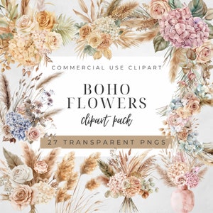 Pacote de clipart de flores boho em aquarela, clipart floral boho, clipart de flores boho, clipart de buquê de flores boho, clipart de flores secas