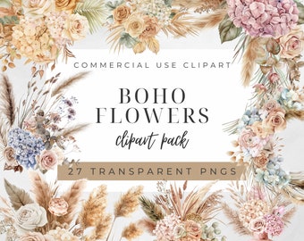 Watercolor Boho Flowers Clipart Bundle, Boho Floral Clipart, Bohemian Flowers Clipart, Boho Flower Bouquet Clipart, Dried Flowers Clipart