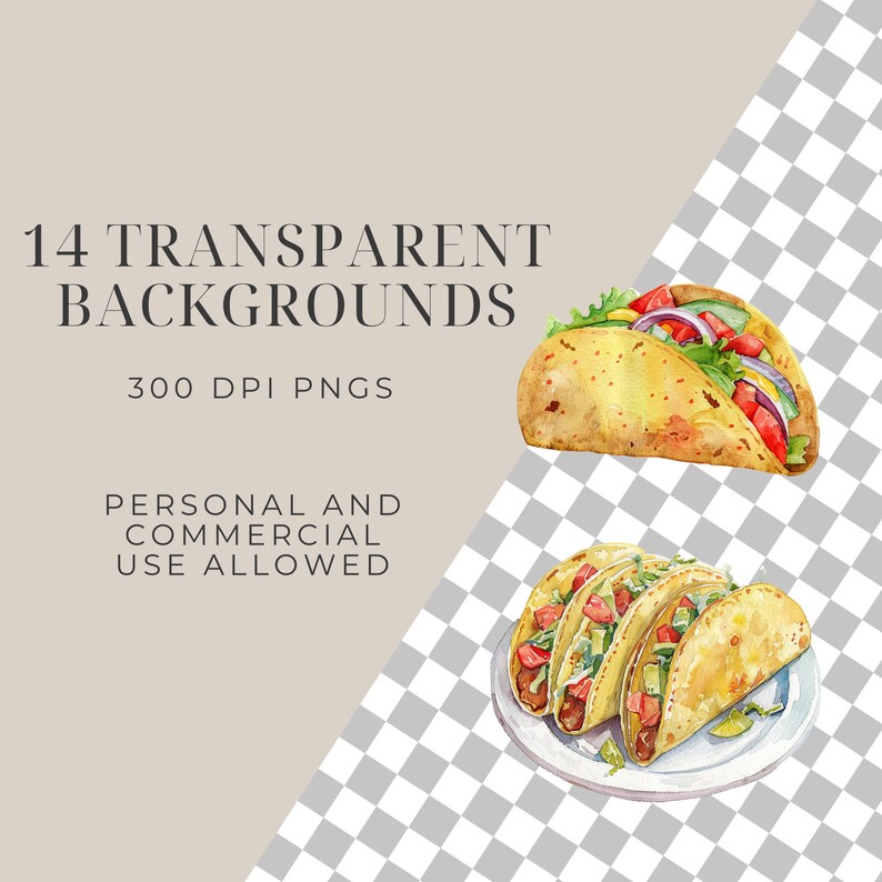 May include: Two watercolor illustrations of tacos. The first image shows a single taco with lettuce, tomato, onion, and avocado. The second image shows three tacos on a white plate with lettuce, tomato, and avocado. 14 Transparent Backgrounds 300 DPI PNGs Personal and Commercial Use Allowed