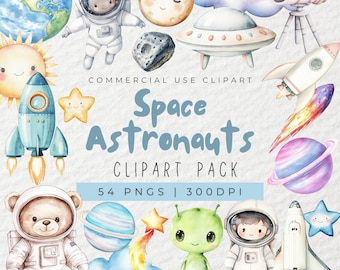 Watercolor Space Astronaut Clipart, Solar System Clipart, UFO Clipart, Nursery Decor, Outerspace Clipart, Spaceship, Alien, Planet, PNG