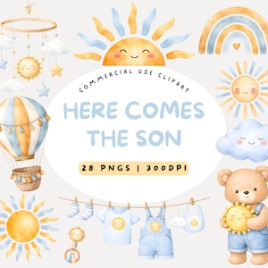 Pode incluir: Conjunto de cliparts em aquarela com tema de bebê, com sol, arco-íris, balão de ar quente e ursinho de pelúcia. O texto "HERE COMES THE SON" está em azul. Inclui 28 arquivos PNG a 300 DPI.
