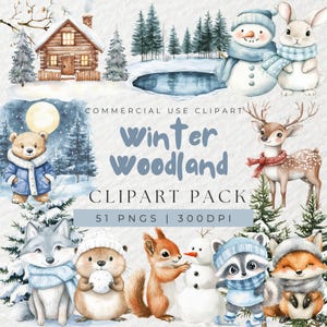 Clipart de floresta de inverno em aquarela, clipart de animais, animais fofos da floresta, clipart de berçário, animais de inverno, floresta de natal, clipart de neve