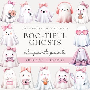 May include: A collection of adorable cartoon ghosts in white sheets, each with a pink bow. Some ghosts hold items like flowers, makeup, headphones, and a game controller. The text "BOO-TIFUL GHOSTS clipart pack" is displayed.