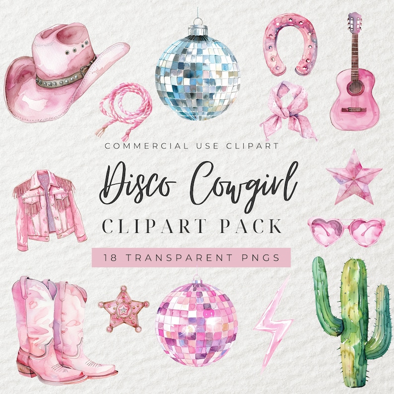 May include: A set of 18 watercolor clipart images featuring a pink cowboy hat, a pink jacket, a pair of pink cowboy boots, a pink disco ball, a pink horseshoe, a pink star, a pink guitar, a pink bow, a pair of pink heart-shaped sunglasses, a cactus, a sheriff's star, a pink disco ball, a lightning bolt, and the text "Disco Cowgirl Clipart Pack".