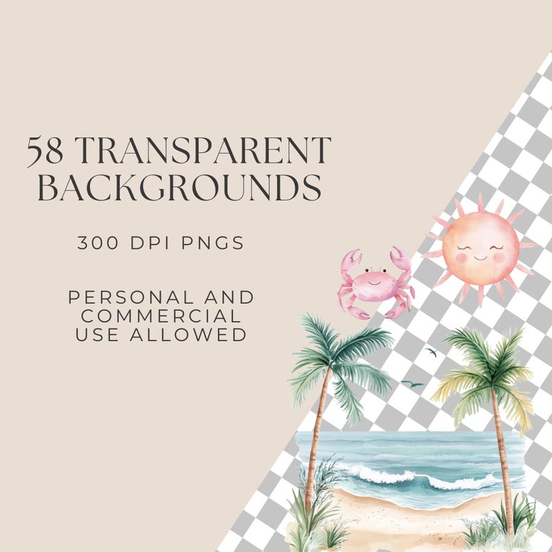 Puede incluir: Ilustraci&oacute;n digital de una escena de playa con palmeras, olas del oc&eacute;ano y un sol sonriente. Tambi&eacute;n se incluye un cangrejo rosa y el texto "58 Transparent Backgrounds". La imagen est&aacute; etiquetada como "300 DPI PNGS" y "Personal and Commercial Use Allowed."